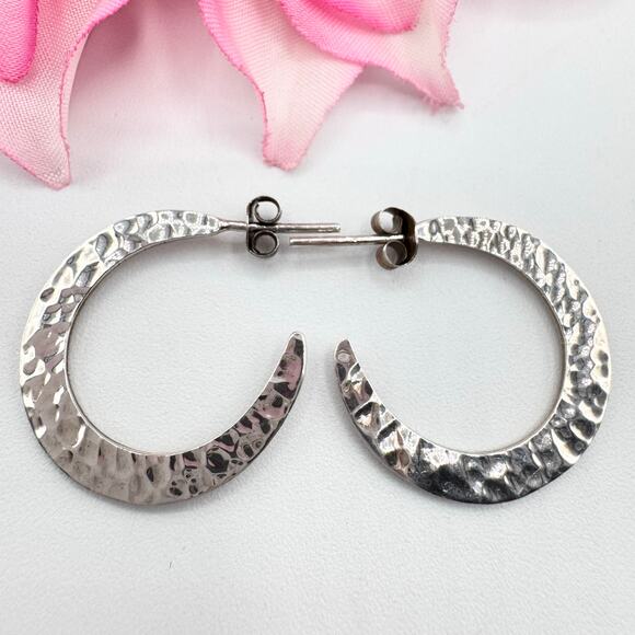 Hammered Brutalist Primitive Silver Hoop Earrings 5.38 Grams Tested Classic - Picture 1 of 10